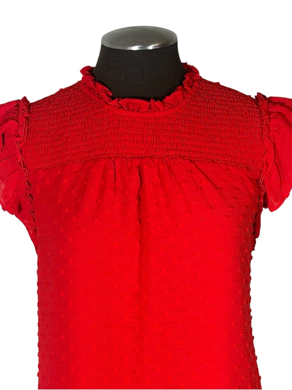 🆕 Cece – Fireball Red Clip Dot Ruffle Flutter Top – Macy’s - Large - Picture 3 of 10